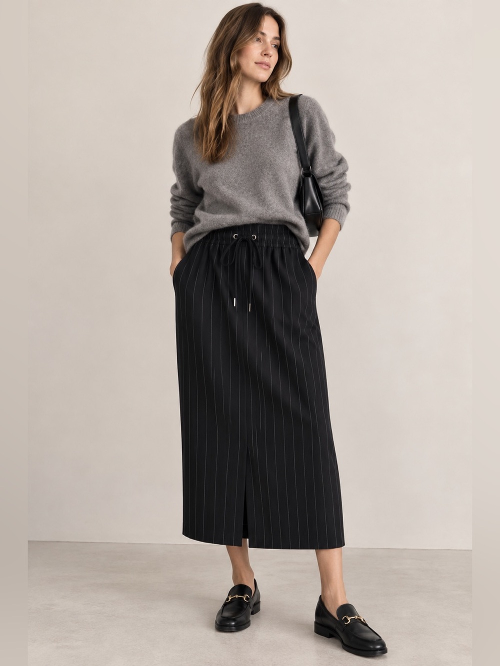 GANNI Black Pinstripe Drawstring Midi Skirt Size 32